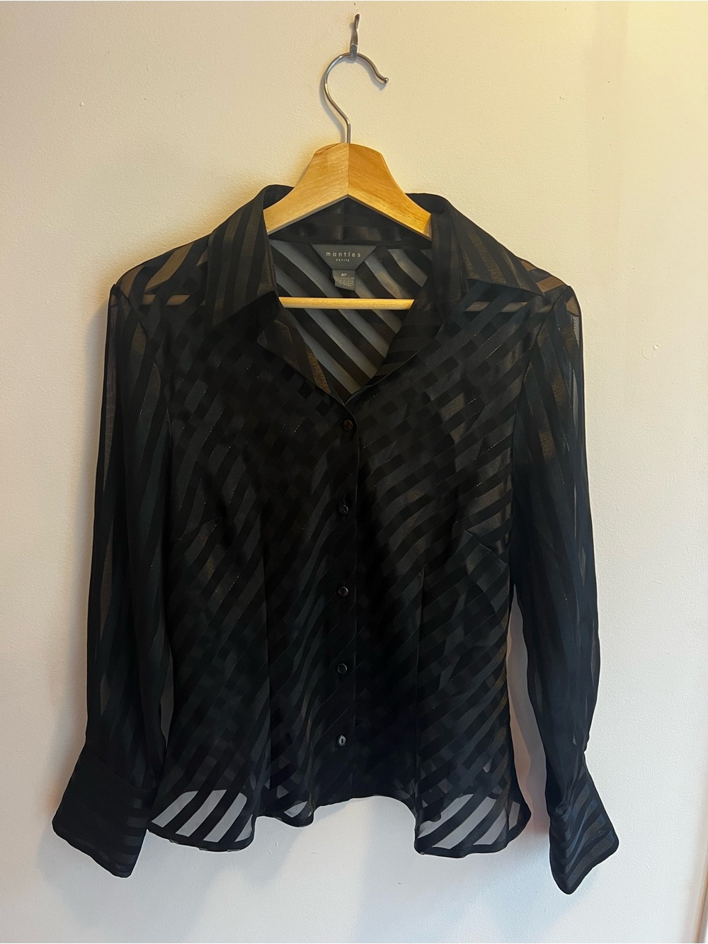 Mantles Petite Sheer Black Striped Button-Up Blouse